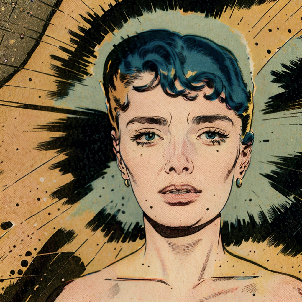 Masterpiece, best quality, hi res, 8k, hi res, 8k,  award winning , (sharp focus, intricate, highly detailed) kirbywood, drawing of a person from another world, closeup face,, vintage color comics