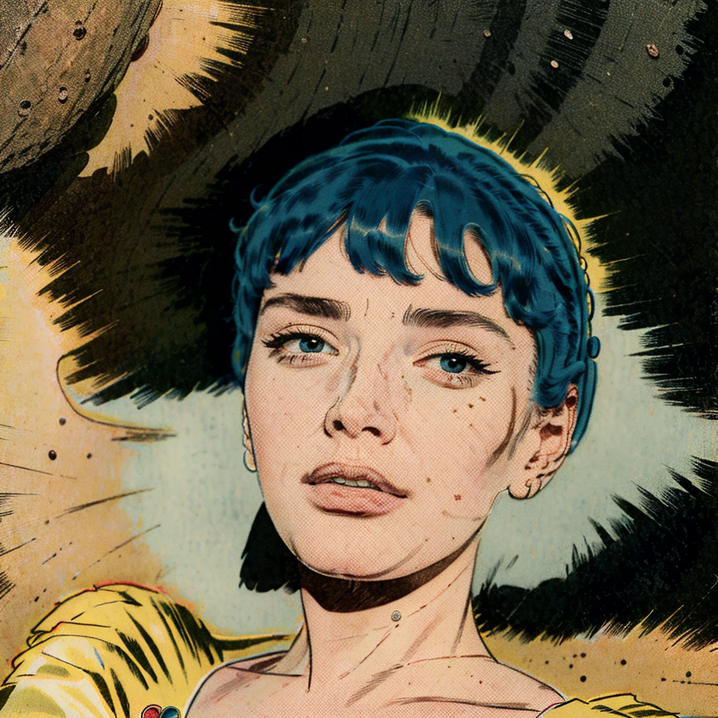 Masterpiece, best quality, hi res, 8k, hi res, 8k,  award winning , (sharp focus, intricate, highly detailed) kirbywood, drawing of a person from another world, closeup face,, vintage color comics