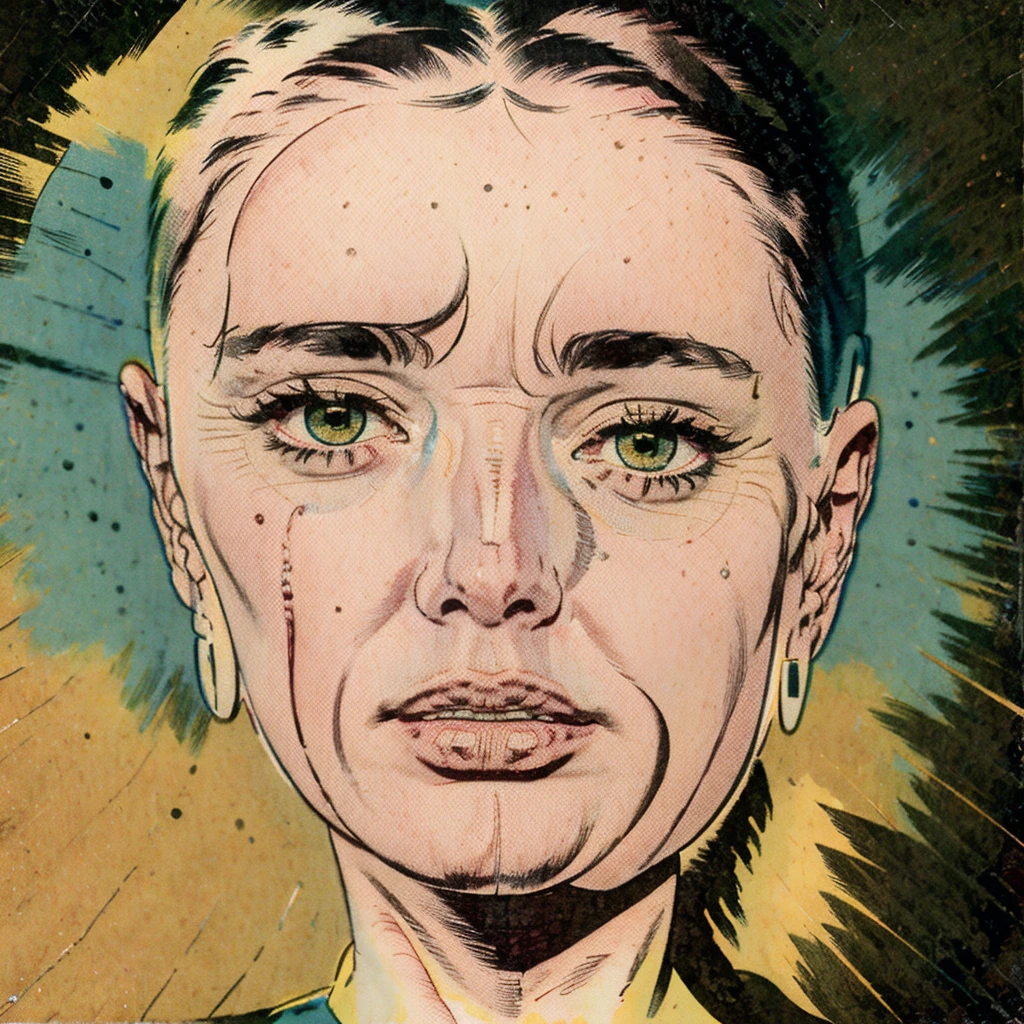 Masterpiece, best quality, hi res, 8k, hi res, 8k,  award winning , (sharp focus, intricate, highly detailed) kirbywood, drawing of a person from another world, closeup face,, vintage color comics