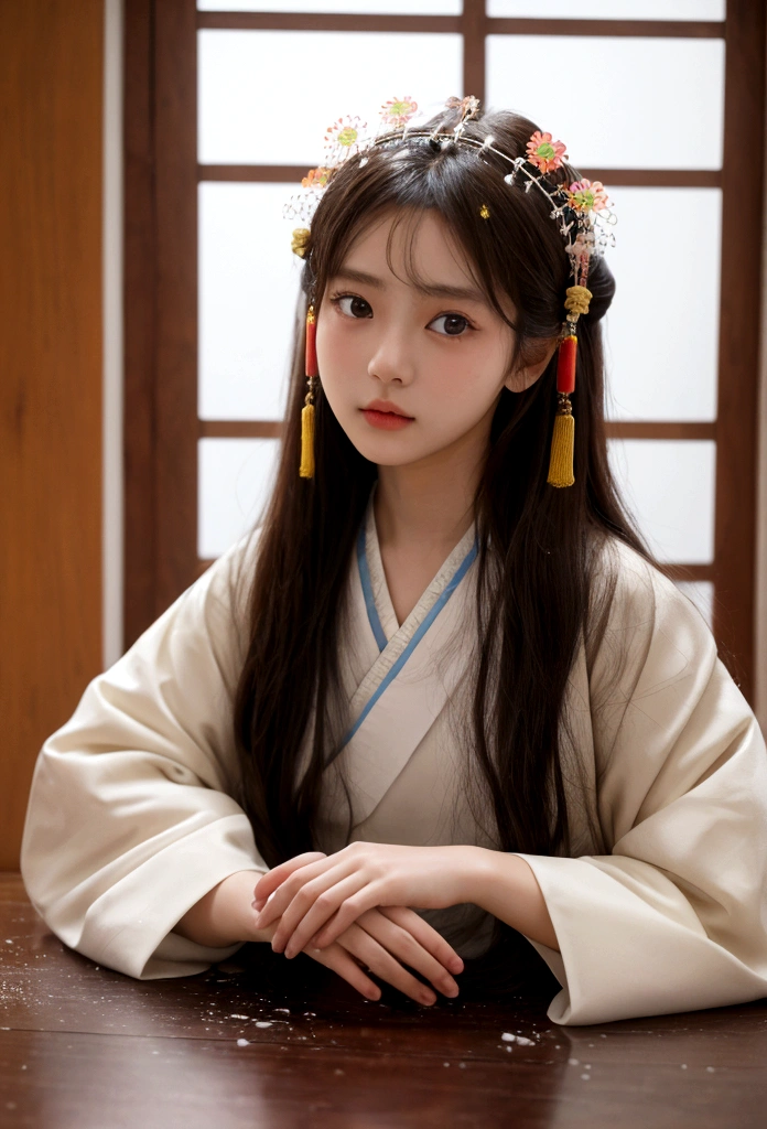 Best image quality、8K、masterpiece：1.3))、Realistic high-quality photos、Highest quality、Girl cute beautiful face、Beautiful 13 year old Japanese girl、Photos of slim models、Beautiful girl model、若いJapanese girl、Young and pretty face、Japanese girl、13-year-old female model、Beautiful model girl、The innocent look of the girl next door、A lovely and delicate face、Brown Hair、Beautiful brown eyes、Tear bags、drooping eyes、Young Body、(Finely scattered splashes of color), (figure),(((1 Girl))),(Long Hair),(rain:0.9), (Headdress: 1.4), There is an ancient palace next to the girl., Hanfu, (emphasize),  ink painting, (Spattered colors), Spattered colors, (((colorful))), (sketch: 0.8), Tabletop, Highest quality, Beautifully drawn, verydetailedな,(Noise Reduction:0.6),[Splash Ink],((Ink Refraction)), (美しくdetailedな空),moon,very,detailed,(Tabletop, Highest quality, verydetailedな)