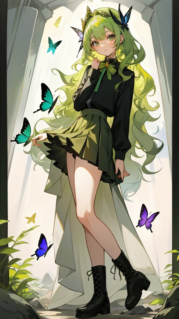 best quality, masterpiece, perfect anatomy, 4k, One woman, Yellow-green hair, long wavy hair, flower crown, gentle smile, closed mouth, mysterious, quiet, butterflies around, Gentle feeling, rock fashion, pleated skirt, long boots