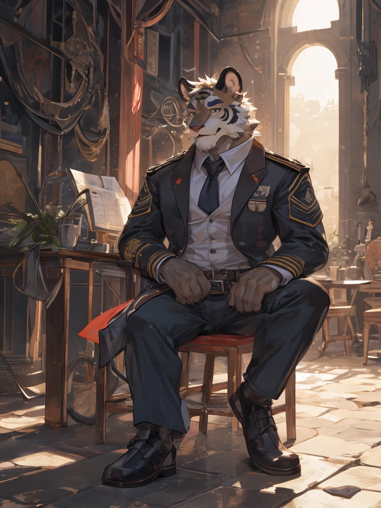 {{bara extremely handsome white tiger,}} {{white fur,}} white, wearing military like purple trench coat, purple trousers, white dress shirt and necktie, white fluffy furry body and limbs, loafers, very tall, very broad shoulders, narrow waist, muscular arms, massive pecs, purple eyes, very long legs, sitting on swivel chair with legs spread, massive bulge, reading file, sophisticated hot look, full body, sunlight casting over, 3/4 view, best quality, high quality, silver earring on left ear, sultry smirk