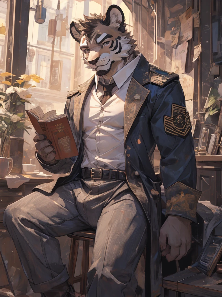 {{bara extremely handsome white tiger,}} {{white fur,}} white, wearing military like purple trench coat, purple trousers, white dress shirt and necktie, white fluffy furry body and limbs, loafers, very tall, very broad shoulders, narrow waist, muscular arms, massive pecs, purple eyes, very long legs, sitting on swivel chair with legs spread, massive bulge, reading file, sophisticated hot look, full body, sunlight casting over, 3/4 view, best quality, high quality, silver earring on left ear, sultry smirk