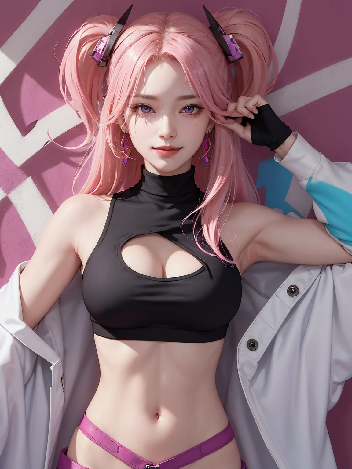 (Masterpiece, best quality, 1 girl, alone, complicated details, Chromatic aberration), realistic, ((Moderate breath)),long hair, pink hair, Red headpiece, Pink Highlights, hair on one eye,purple eyes, earring, sharp eyes, choker, Neon coat, She wears a collar, bangle, and kimono style garters., crop top, (symmetrical eyes),(Perfect symmetrical body),against the wall, Brick wall, (colorful graffiti words on the wall:1.2), The light is dim., alley ,Look at the viewer.、Dig the chest、smile、(sleeveless、Navel touch、Fitted turtleneck.)、street string hot pants、Thin bottom、Please build above the eaves..、Thin shoulders、