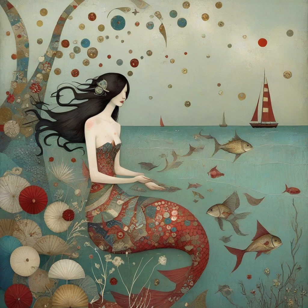 Art style by Klimt, Sam Toft, Florine Stettheimer, Dina Wakley, Catrin Welz-Stein, Gabriel Pacheco, Elisabeth Fredriks. mermaid, fishtail with silver scales, long black hair, lying by the sea. Around her a very large beach with pinwheels, coral, marsh grass 