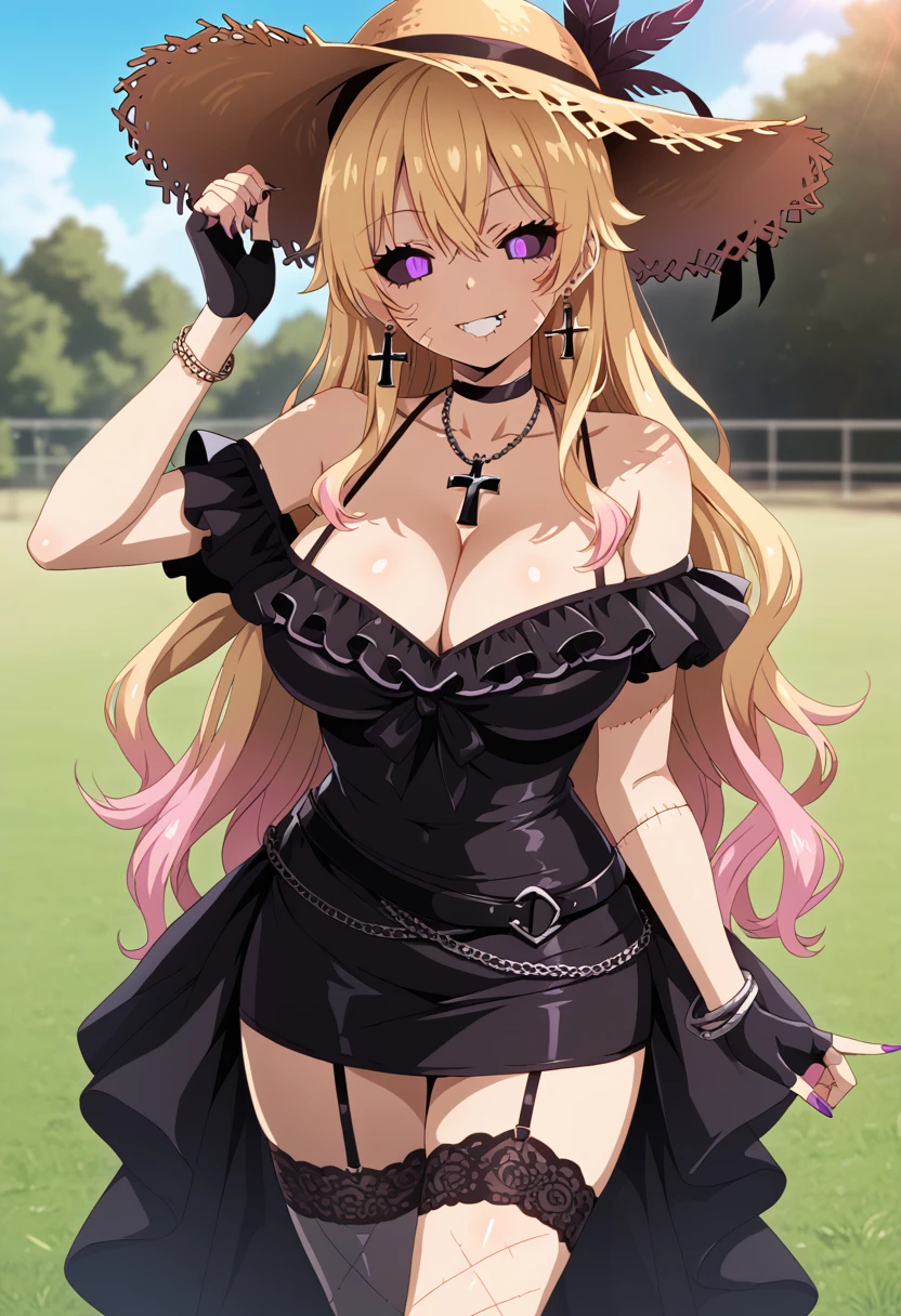 score_9, score_8_up, score_7_up, source_anime, slutty_clothes, gyaru, 1 girl, a beautiful female scarecrow, straw hair, long hair, pointy straw hat, black feathers in hat, bare shoulders, purple eyes, HazbinStyle, cartoon character, patchwork dress, black dress, black choker, cross pendant, black belt, black diamond shaped earrings, straw colored skin, (stitches on skin), (stitched mouth), stitched mouth smile, stitches on arms, stitches on face, stitches on neck, stitches on breasts, bracelets, cleavage, fully purple sclera, fingerless gloves, stockings, garter strap, standing in a field, highly detailed background, hi-res, masterpiece, volumetric lighting, detailed, perfect, perfection, beautiful eyes, detailed hands, no pupils