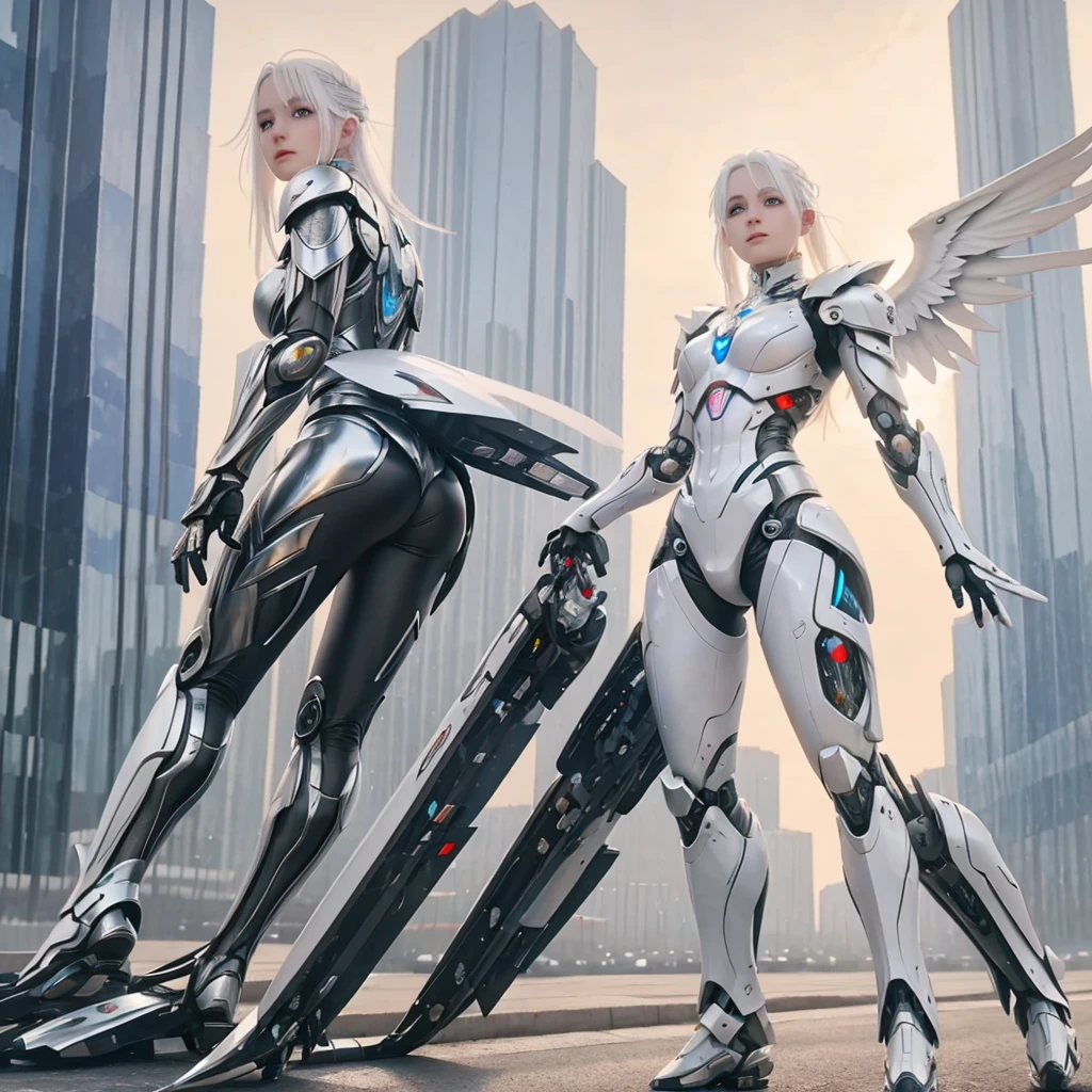 An albino realist with white hair, fully body, with roots of light in the skin, electric metallic wings and silver eyes quantum robotic armor pants