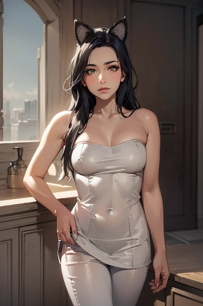 (( straight face picture )) ((best quality)),  ((Masterpiece)), (details), Young woman , Black hair, yellow eyes ,completely naked Revealing large breasts Exposing the female genitals Sexy figure, straight face, straight body. 