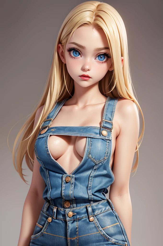 hyperrealistic 14 year old , blonde, perfect tiny body, sexy, dark makeup, perfect slim face, big red lips, very cute face, tiny body, big eyes, young looking, childish looking, denim overall, no shirt, tits