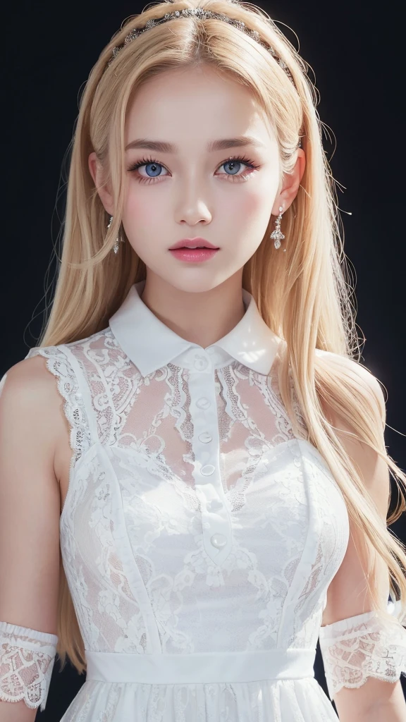 (((Lace collared dress、White background、Cowboy Shot、forehead)))、forehead、Northern Europe、Russia、beautiful girl、Platinum Blonde Hair、Straight long hair、Big blue eyes、Northern Europeの若者、Glowing Skin、Young and beautiful skin、A perfect and beautiful little face、Bright makeup、Pale pink lips、Bright expression、lipstick、Golden Hour Lighting、Movie Light、Intricate details、High resolution、 Detailed features of the face design、Big Breasts