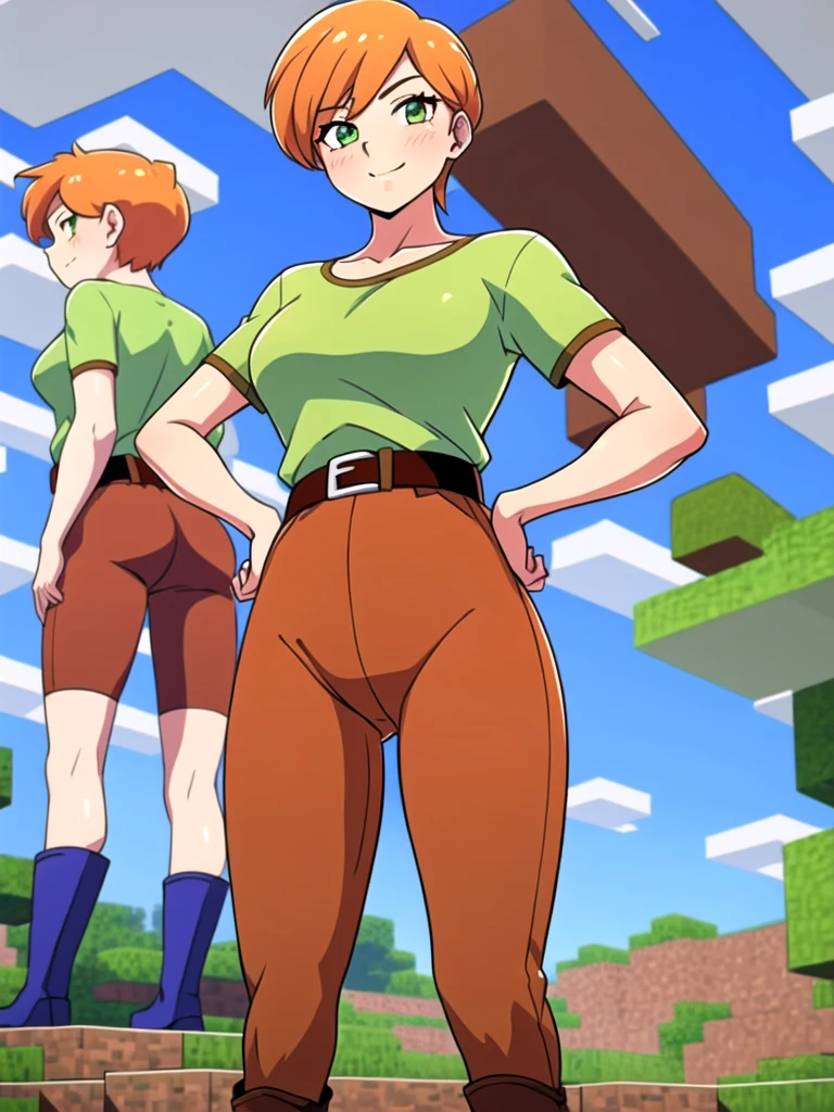 (masterpiece, best quality, ultra HD anime quality, super high resolution, 1980s / (style), anatomically correct, perfect anatomy), (side view, from below), looking into the camera, minecraft,
(alex), one girl, realistic,
orange_hair, facial_hair, l_hair, green_eyes, blush, smiling, chest, hands_on_hands, hands_on_hips, belt, green_shirt, brown_pants, boots, shirt, alex, shesho, clouds, day, sky, blue_sky,