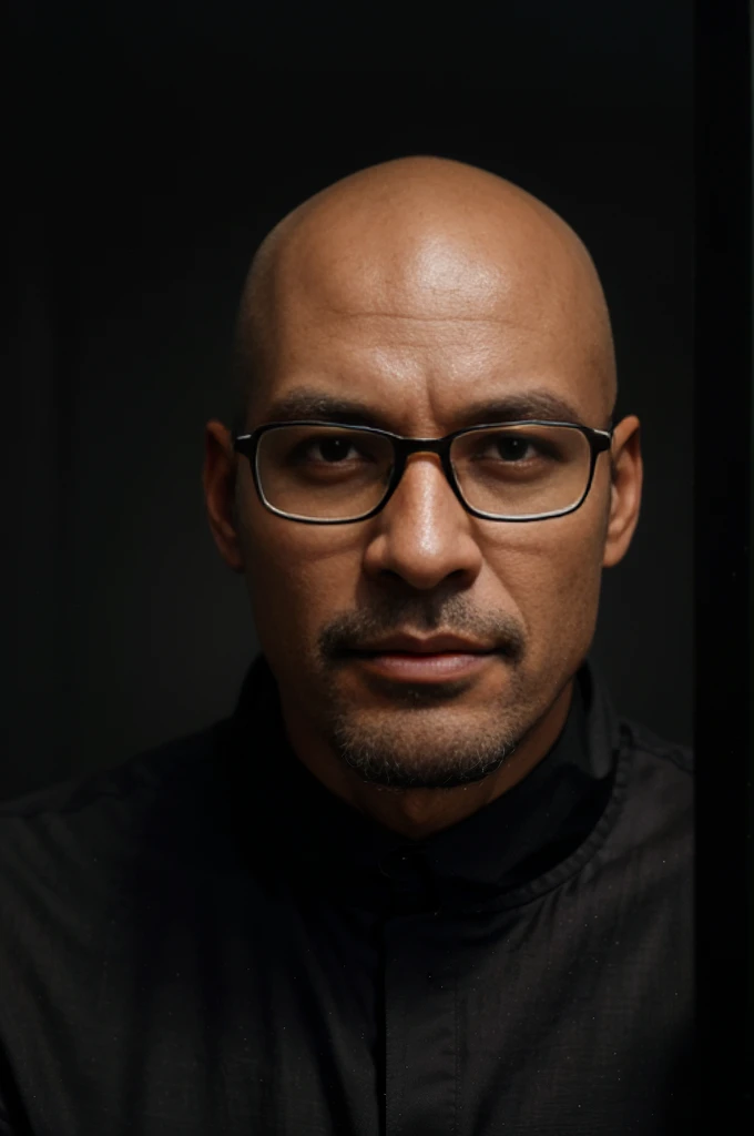 black , A tall man , 35 years , short goatee , trimmed bald,square glasses with black frames on the face, name Michael James Harris,Realism,view photo portrait, одет в костюмэпик Realism,live photo , A living person, sitting in front of the office