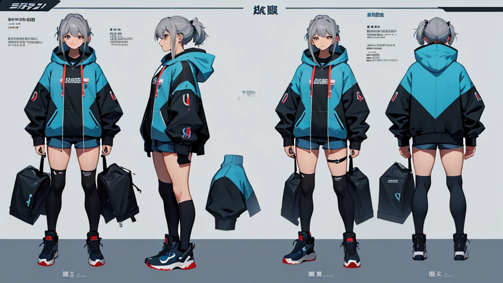Character design sheet、girl、Short ponyte、Oversized hoodie、Shorts、Gray Hair、Blue inner color, Conceptual art, best quality, highres, 8k, UHD