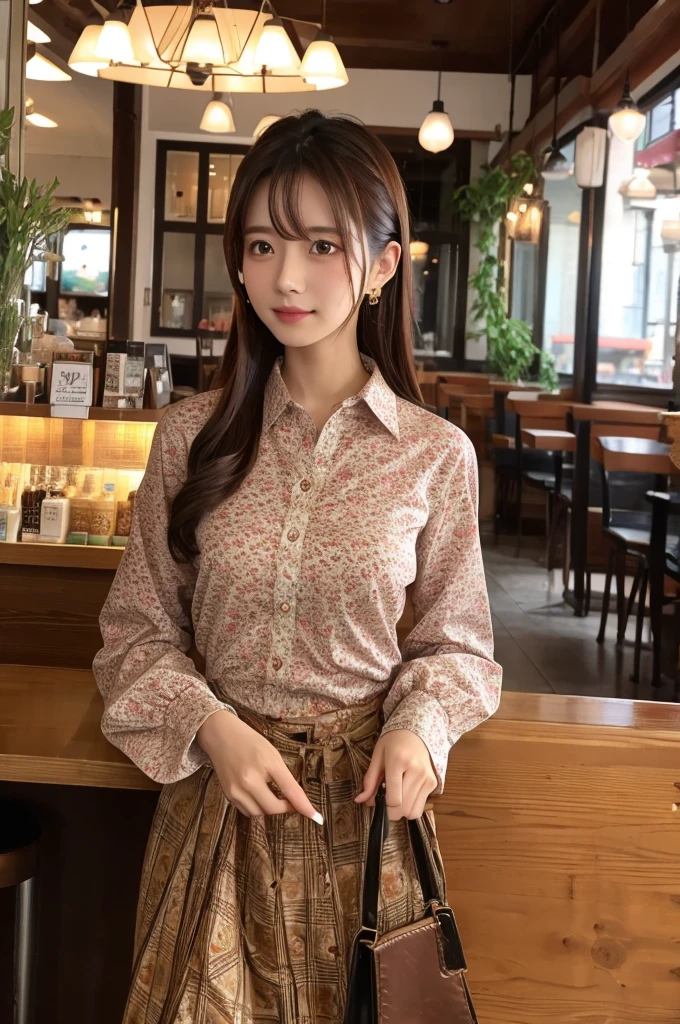 （（Highest quality））、Beauty、Fully open patterned shirt、Cafe