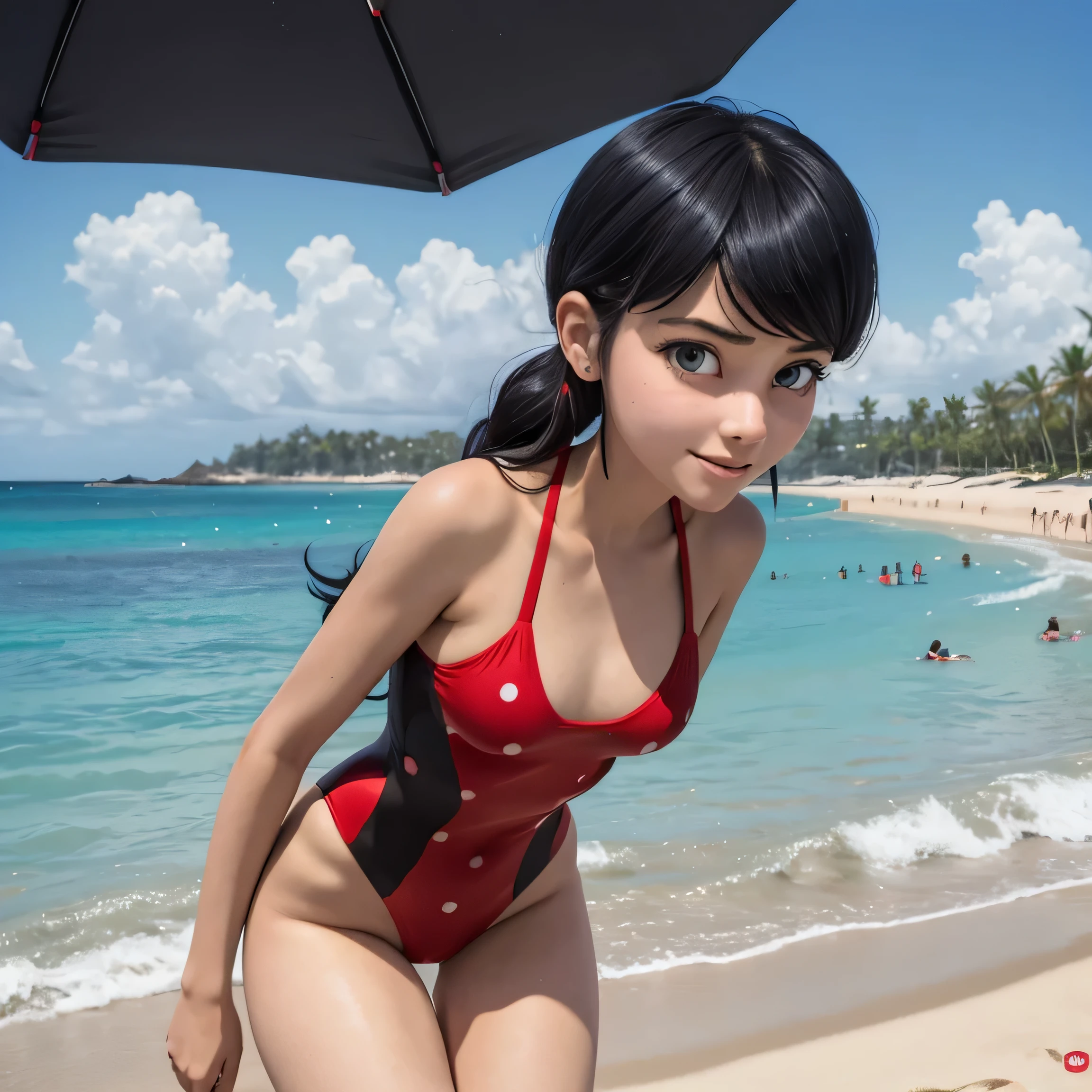 young woman, Marinette Dupain-Cheng from Miraculous, 18yo, solo, black haired, skinny, flat chest:1.4, red swimsuit with littles black dots, on the beach, thigh gap, glitches:1.4, dynamic pose, happy