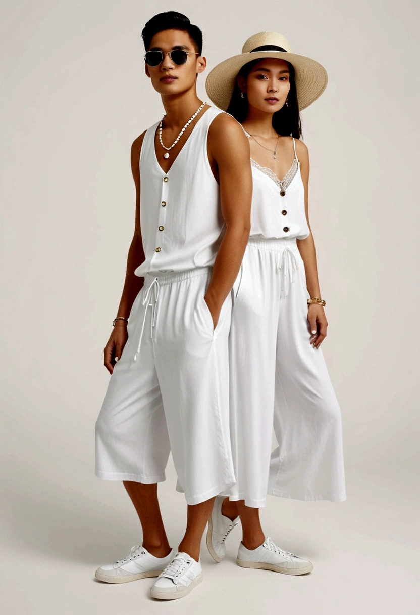 candid fashion illustration of young Asian man and woman, both aged 20 year old, ((showcase fashion look book in a White rayon outfits)), inspired by Zara's resort collection 2020 in elegant young bohemian style. The man wears an oversized short-sleeved bowling white shirt with a pocket details, paired with relaxed-fit white Sports Wide Leg Shorts Baggy short and Drawstring, He completes his look with white sneakers, sunglasses and bracelet. The woman complements him in a white Ankle-length dress in a rayon with delicate lace insets, V-shaped neckline, covered buttons down the front and an open section, spaghetti shoulder straps, Gathered tiers down the skirt and a scalloped hem, Her ensemble includes an accessorizes with a wide-brimmed straw hat, white sneakers and necklace. Captured in a low angle, ((full-body image)), ((blank background)), sketching, realistic charcoal lines, imperfect drawing, fading sketch, fashion look book, fashion illustrator, sketch design,