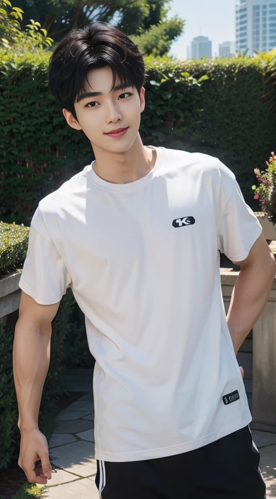 (As a matter of fact, Masterpiece, 8k HD, good light quality, sportswear, fit the face, complicated details), A handsome, muscular young Korean man. , 20 years old, be happy, smile brightly, detailed face, delicate eyes, มองดูsky, Wear a tight black t-shirt.:1.6, period, black eyes, Black hair color, ผมsmooth, smooth, outdoor sports, Along the garden, Sunny,sky，Surreal，Awesome details，Highest quality，real，Open your mouth to talk.