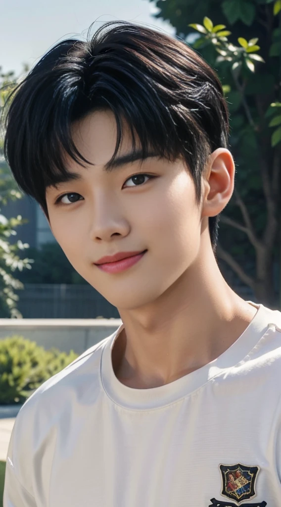 (As a matter of fact, Masterpiece, 8k HD, good light quality, sportswear, fit the face, complicated details), A handsome, muscular young Korean man. , 20 years old, be happy, smile brightly, detailed face, delicate eyes, มองดูsky, Wear a tight black t-shirt.:1.6, period, black eyes, Black hair color, ผมsmooth, smooth, outdoor sports, Along the garden, Sunny,sky,Surreal,Awesome details,Highest quality,real,Open your mouth to talk.