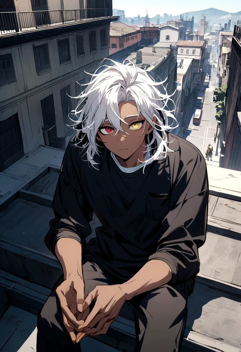 white shirt, wearing a black sweatshirt with silver details , yellow and black eyes heterochromia, expression of calm, Messy hair , Medium length hair , 1 men , multicolored black and white hair , two tone hair , dark skin color, on top of a building, with your hands in your sweatshirt pocket, is sitting, on its coast it is possible to see the rest of the city