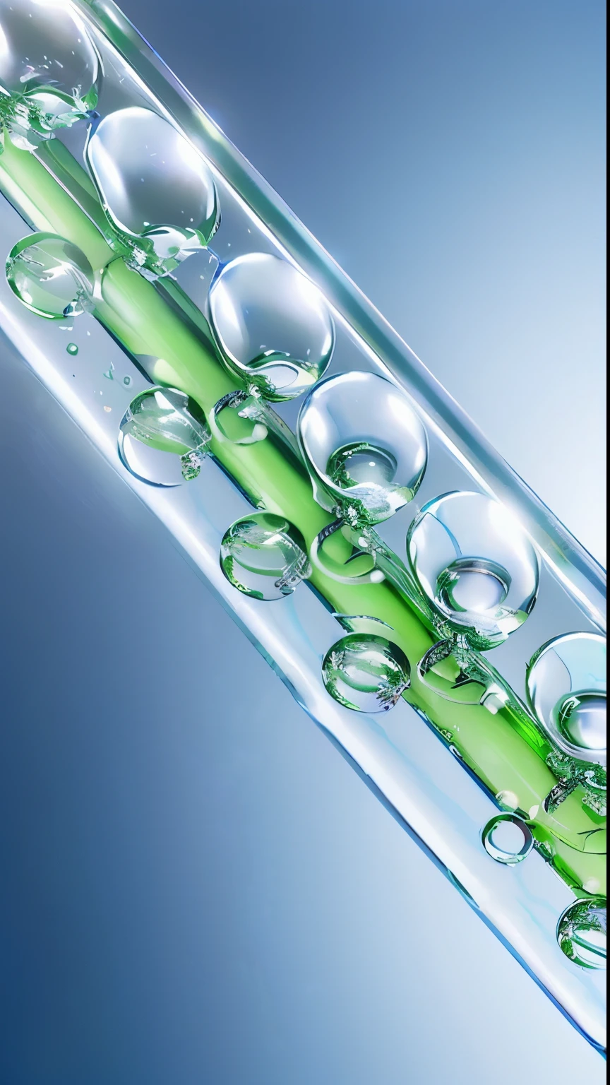 There is a green tube,There are blisters on it, water caustics, glass labware, test tube, stringy viscous liquid, pathology sample test tube, Liquid glass, Vial, water particles, Transparent water drops, Water drops flowing down the bottle, fluid, Caustics and refraction, glass refraction, liquid refraction, Biochemistry illustrations, Extraction chemicals