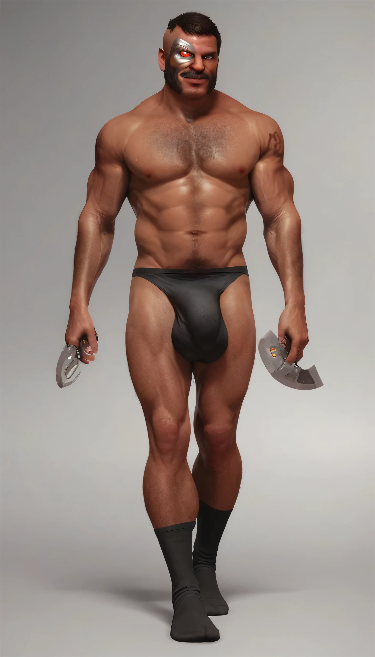 score_9, score_8_up, score_7_up, solo, male focus, mature male, mkkan0, cybernetic eye, mutton chops, h4rness, charming, full body shot, fully naked only wearing black socks, hairy chewt, hairy body, wearing black slip underwear, huge bulge