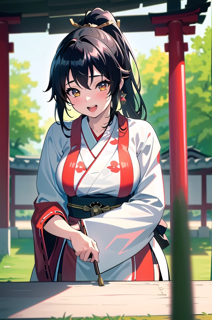 20 years old,1 girl, extremely thick thighs, hyperrealistic, 8k, (extremely detailed 8k), (very delicate and beautiful), (masterpiece), (better quality:1.0), (ultra high resolution:1.0), (masterpiece, best quality), cute,black hair,laugh with open mouth,gleaming skin,japanese shrine miko,leaning forward,ponytail,upper body,from the front,POV