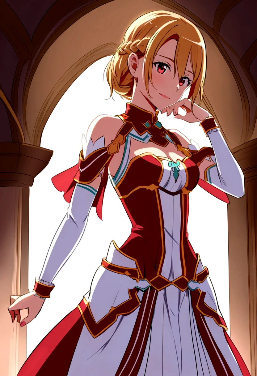 Asuna from Sword Art Online, she has pink queen clothes, she wears a braid.