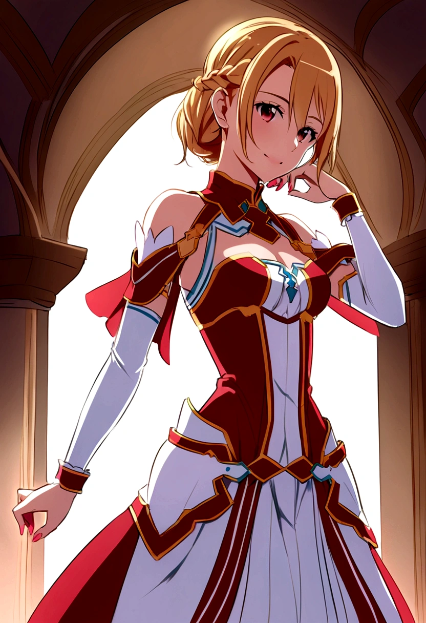 Asuna from Sword Art Online, she has pink queen clothes, she wears a braid.