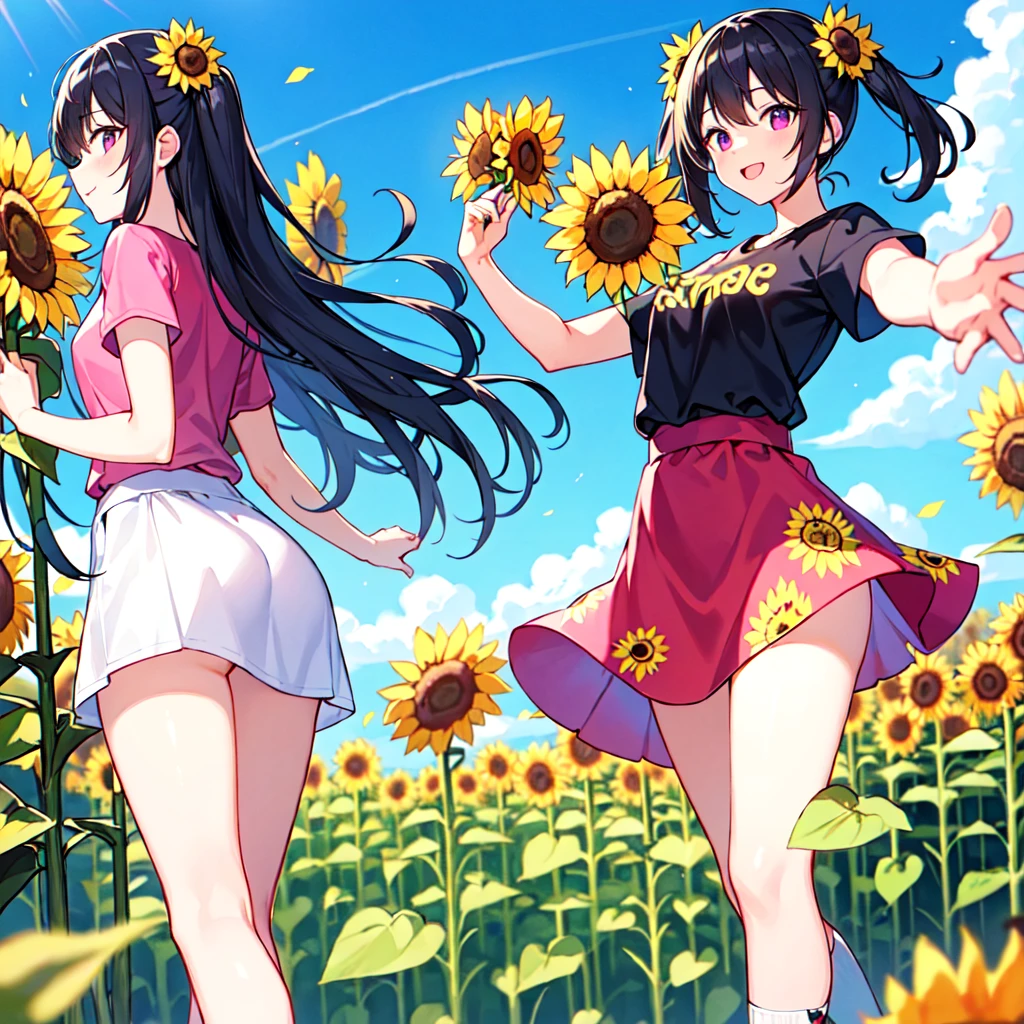masterpiece, best quality, high quality, extremely detailed, very delicate and beautiful, (1 female 18 years old solo:1.2), (long black hair two-side up to waist:1.4), bangs to eyebrows, eyes Eyebrows glossy, (eye color magenta:1.3), 6.5 head height, ( T-shirt sunflower print fashion:1.3), knee socks, (smiling), (hands outstretched), (standing), (dynamic pose), (background sunflower field:1.3), (blue sky:1.3)