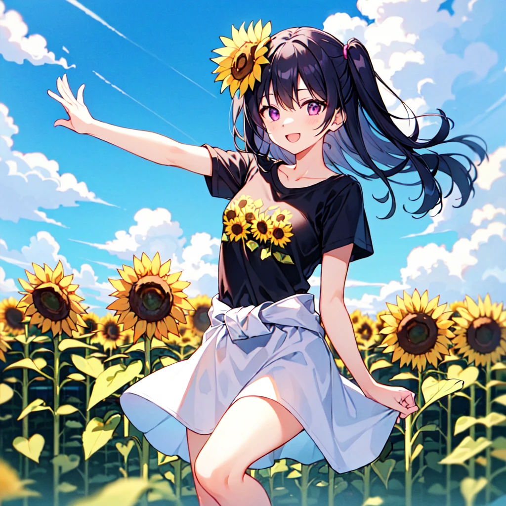 masterpiece, best quality, high quality, extremely detailed, very delicate and beautiful, (1 female 18 years old solo:1.2), (long black hair two-side up to waist:1.4), bangs to eyebrows, eyes Eyebrows glossy, (eye color magenta:1.3), 6.5 head height, ( T-shirt sunflower print fashion:1.3), knee socks, (smiling), (hands outstretched), (standing), (dynamic pose), (background sunflower field:1.3), (blue sky:1.3)
