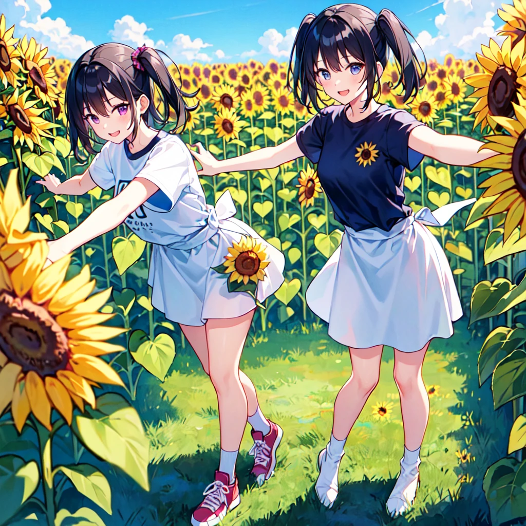 masterpiece, best quality, high quality, extremely detailed, very delicate and beautiful, (1 female 18 years old solo:1.2), (long black hair two-side up to waist:1.4), bangs to eyebrows, eyes Eyebrows glossy, (eye color magenta:1.3), 6.5 head height, ( T-shirt sunflower print fashion:1.3), knee socks, (smiling), (hands outstretched), (standing), (dynamic pose), (background sunflower field:1.3), (blue sky:1.3)