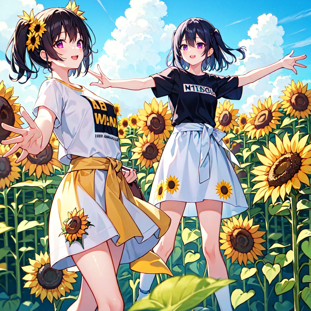 masterpiece, best quality, high quality, extremely detailed, very delicate and beautiful, (1 female 18 years old solo:1.2), (long black hair two-side up to waist:1.4), bangs to eyebrows, eyes Eyebrows glossy, (eye color magenta:1.3), 6.5 head height, ( T-shirt sunflower print fashion:1.3), knee socks, (smiling), (hands outstretched), (standing), (dynamic pose), (background sunflower field:1.3), (blue sky:1.3)