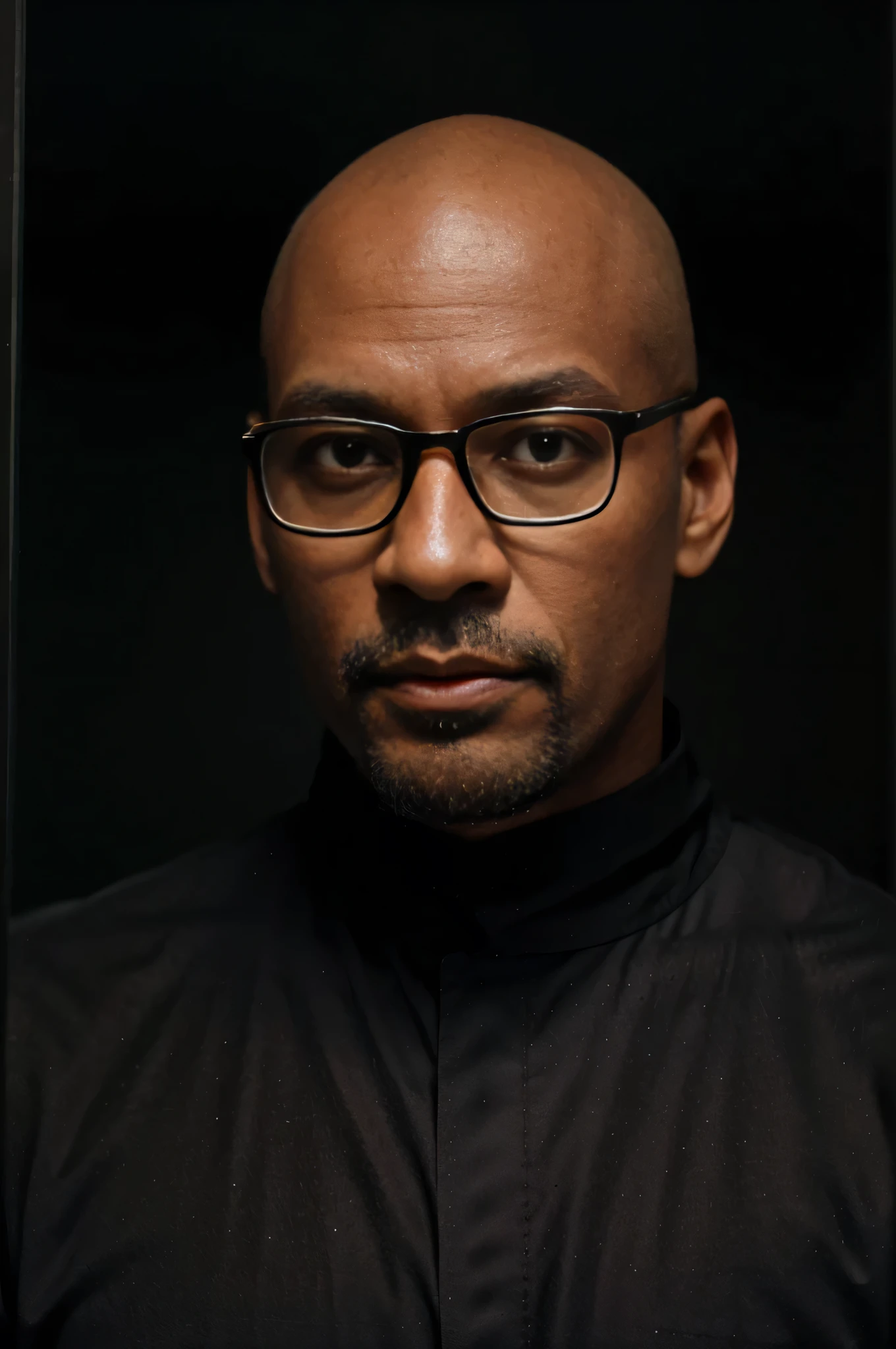 black , A tall man , 35 years , short goatee , trimmed bald,square glasses with black frames on the face, name Michael James Harris,Realism,view photo portrait, одет в костюмэпик Realism,live photo , A living person