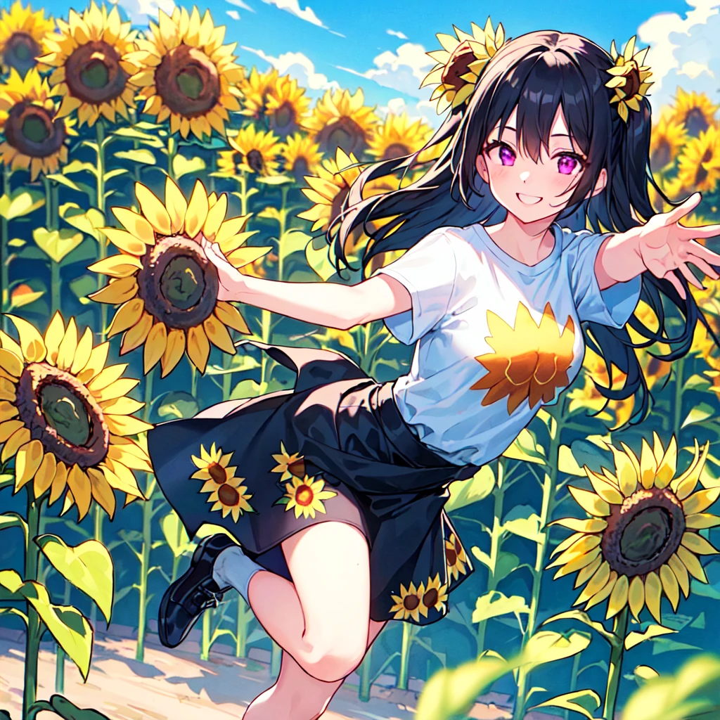 masterpiece, best quality, high quality, extremely detailed, very delicate and beautiful, (1 female 18 years old solo:1.2), (long black hair two-side up to waist:1.4), bangs to eyebrows, eyes Eyebrows glossy, (eye color magenta:1.3), 6.5 head height, ( T-shirt sunflower print fashion:1.3), knee socks, (smiling), (hands outstretched), (standing), (dynamic pose), (background sunflower field:1.3), (blue sky:1.3)