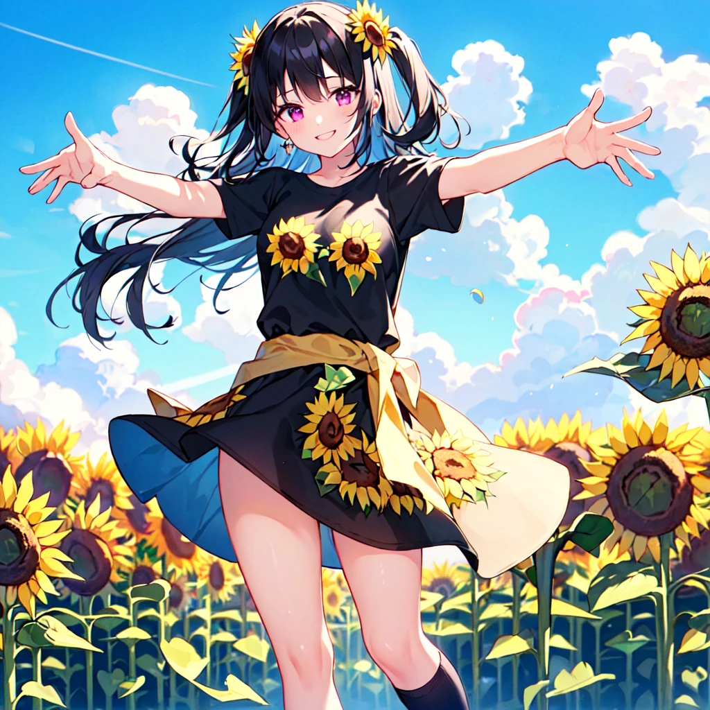 masterpiece, best quality, high quality, extremely detailed, very delicate and beautiful, (1 female 18 years old solo:1.2), (long black hair two-side up to waist:1.4), bangs to eyebrows, eyes Eyebrows glossy, (eye color magenta:1.3), 6.5 head height, ( T-shirt sunflower print fashion:1.3), knee socks, (smiling), (hands outstretched), (standing), (dynamic pose), (background sunflower field:1.3), (blue sky:1.3)