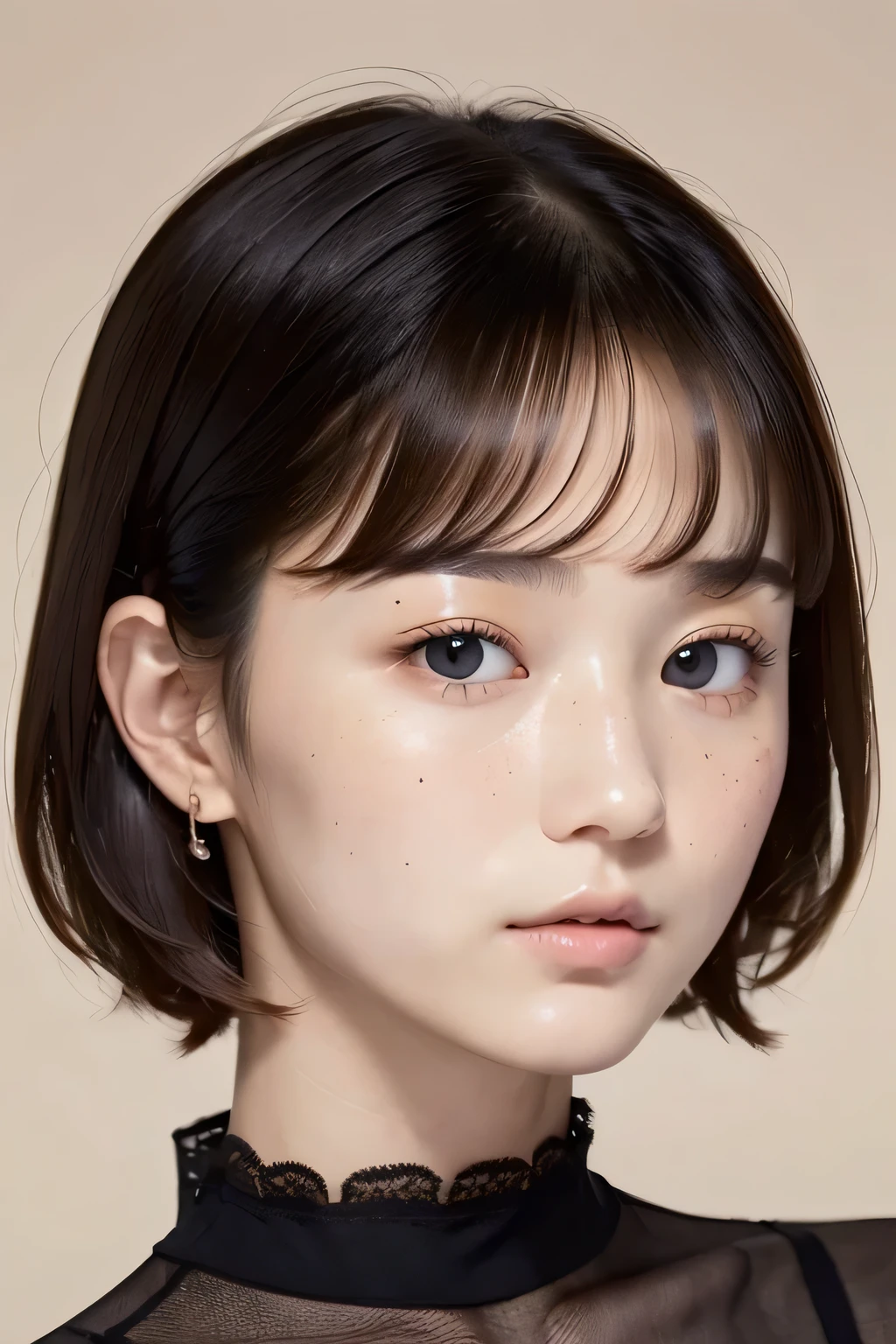 (Highest quality:1.2),(Perfect beautiful face 1.2),28 years old､short hair､Messy Hair､midelioam､(((No makeup)))､Diagonal bangs､Heavy bangs､Black low ponytail,Clear Eyes,Detailed eyes､Asian､low length､Petite､freckles､moon face､､Large Breasts､