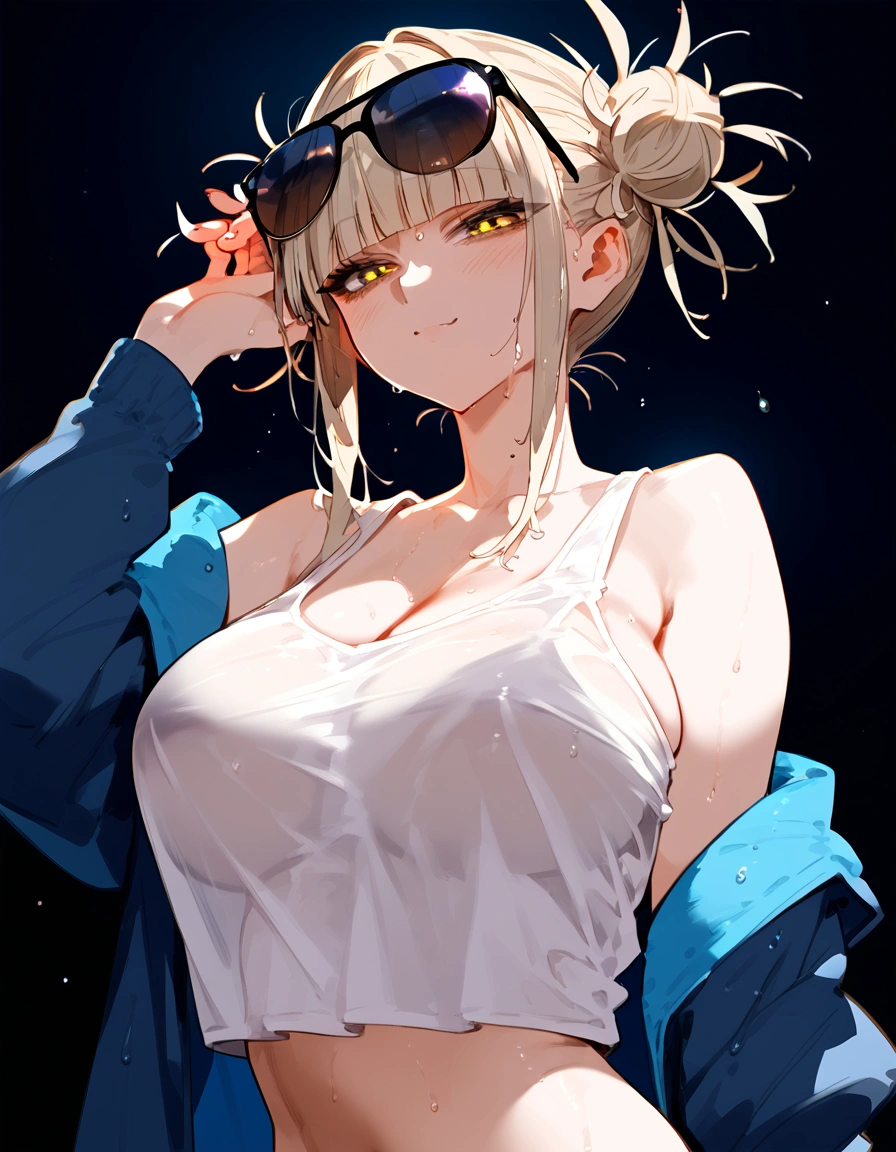 anime artwork, score_9, score_8_up, score_7_up, score_6_up, score_5_up, score_4_up, floox style    //////Himiko toga, big breasts, she is 24 years old, style_3, yellow eyes, black background, wearing only shirt, wet shirt,  tank top, arms under clothes, naked, sunglasses cover eyes