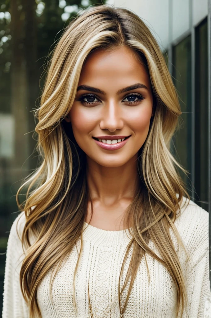 a portrait of Gabriela Fernandes, a beautiful blonde woman in her late 20s with warm honey-brown eyes, high cheekbones, and a friendly smile. She has long flowing hair and is wearing a stylish, fashionable outfit. The image has a classic, timeless beauty with an approachable, girl-next-door charm. Highly detailed, photorealistic, 8K resolution.