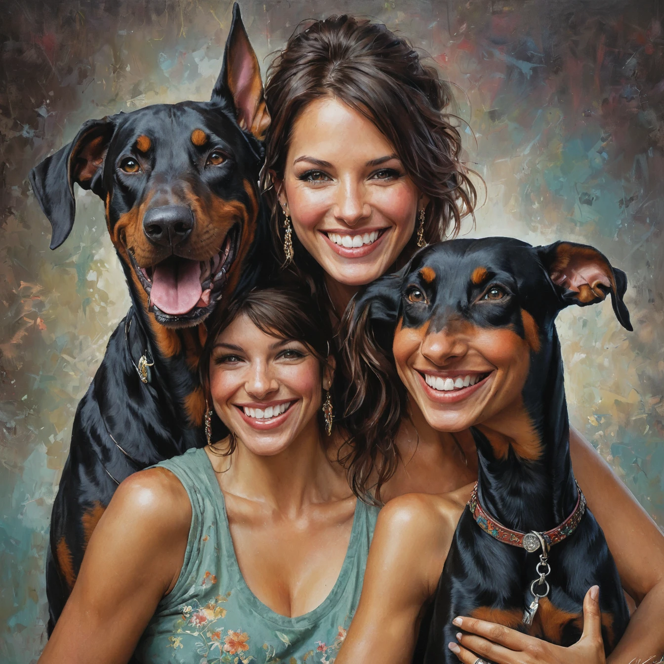 half  body,
a woman smile  with her best friend her doberman,
dark complex background, style by Thomas Kinkade+David A. Hardy+Carne Griffiths+Mandy Disher half vivid colors fine art, best quality, high detailed, detailed faces, 2d,