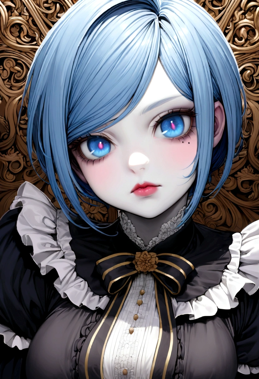Ciel Phantomhive's twin sister. A girl with pale blue hair, blue eyes, pale skin, a mole on the cheekbone near the right eye, pink cheeks, reddish lips, of short stature and a slim figure but with slightly large breasts, has clothes from the Victorian era