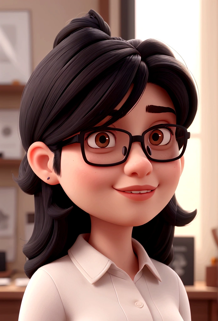 with black hair parted in the middle, square glasses and a mole on her cheek