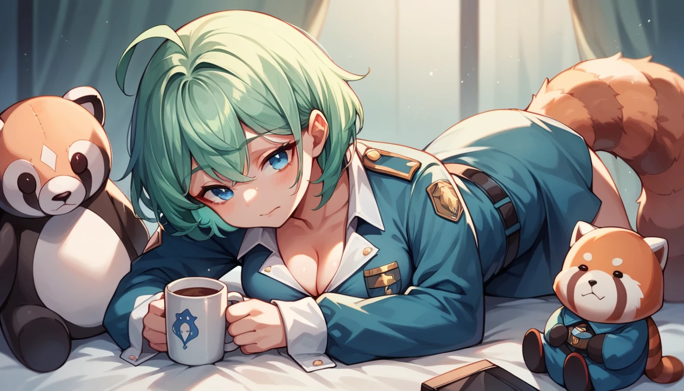 Blue-green hair girl Blue Eyes Short Hair Red panda stuffed toy Second Dimension anime An illustration vtuber C Cup Warrior uniform long sleeve Clothes patina Cleavage Stuffed penguins