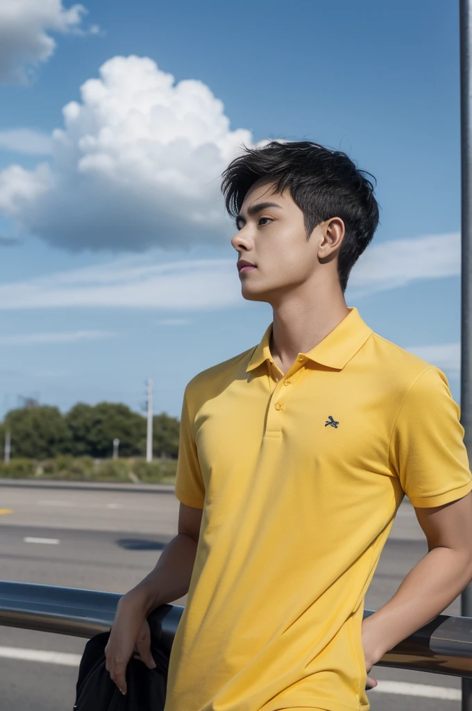 A young man in a yellow polo shirt stood on the side of the road with a serious expression., looking into the distance Turn your head slightly.，Cloudy day, coffee shop