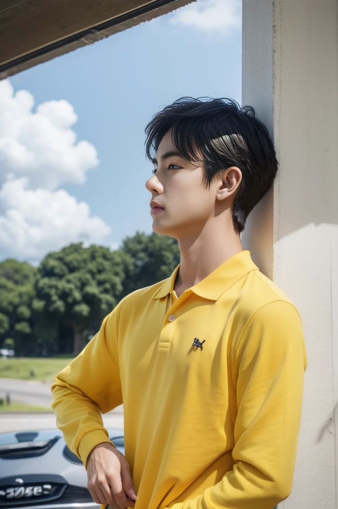 A young man in a yellow polo shirt stood on the side of the road with a serious expression., looking into the distance Turn your head slightly.,Cloudy day, coffee shop