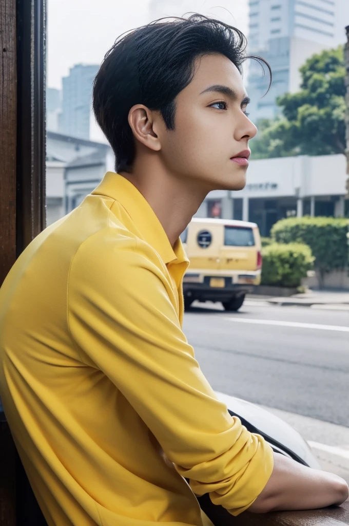 A young man in a yellow polo shirt stood on the side of the road with a serious expression., looking into the distance Turn your head slightly.,Cloudy day, coffee shop