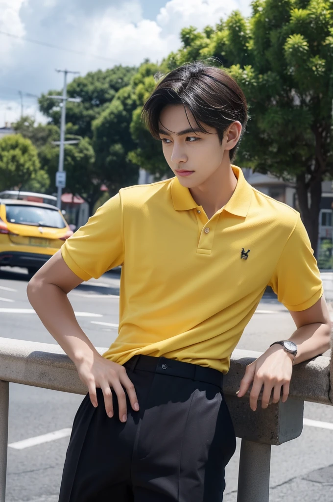 A young man in a yellow polo shirt stood on the side of the road with a serious expression., looking into the distance Turn your head slightly.,Cloudy day, coffee shop