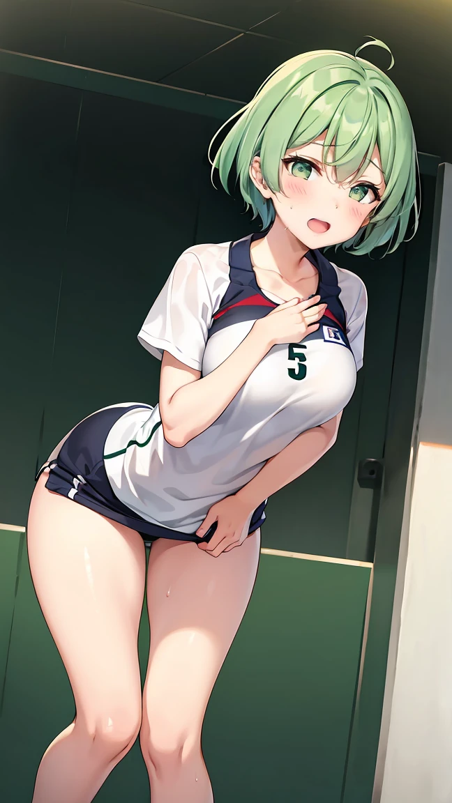 Girl with short green hair, Small size breasts,、Green Eyes, 、,Full body photo from head to toe、Volleyball Player、Volleyball Uniforms、、Uplifting、Leaning forward、、receive、Diving into the ball、Desperate、Sweat、