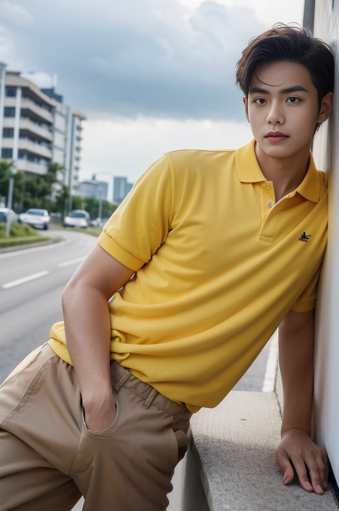 A young man in a yellow polo shirt stood on the side of the road with a serious expression., looking into the distance Turn your head slightly.,Cloudy day, coffee shop