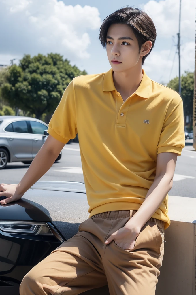 A young man in a yellow polo shirt stood on the side of the road with a serious expression., looking into the distance Turn your head slightly.,Cloudy day, coffee shop