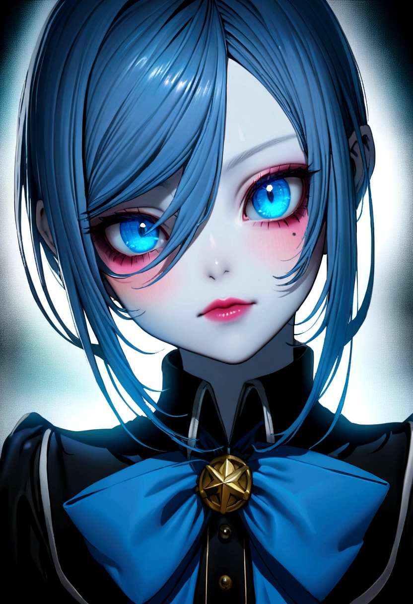 Ciel Phantomhive's twin sister. A girl with pale blue hair, blue eyes, pale skin, a mole on the cheekbone near the right eye, pink cheeks, reddish lips, of short stature and thin figure